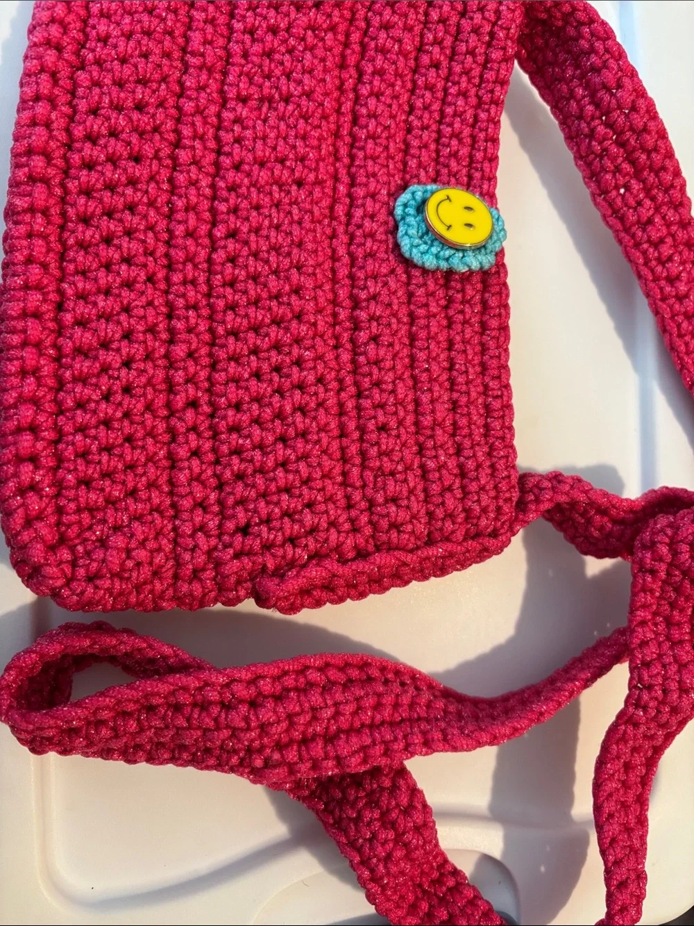 Handmade Kids Crochet Crossbody Bag - Hot Pink with Smiley Accent
